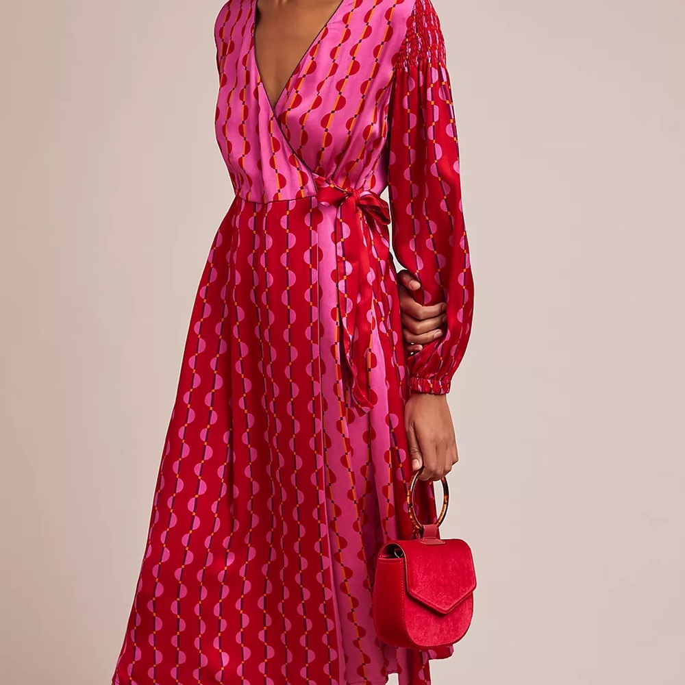 Anthropologie Pink and Red Long Sleeve Wrap Maxi Dress
